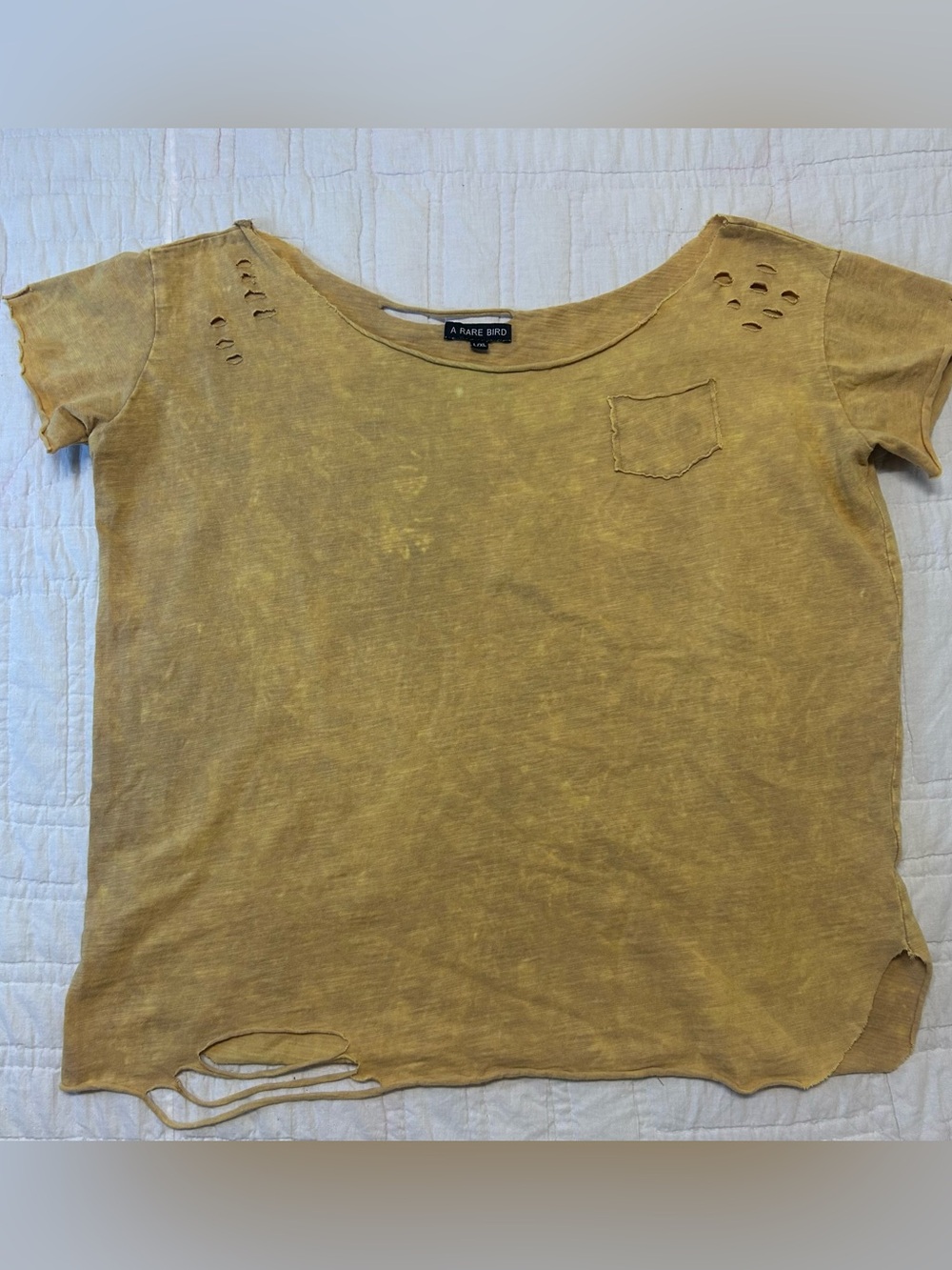 A Rare Bird Rag Distressed Tee L/XL Mustard Raw Edge Top Festival Indie Grunge